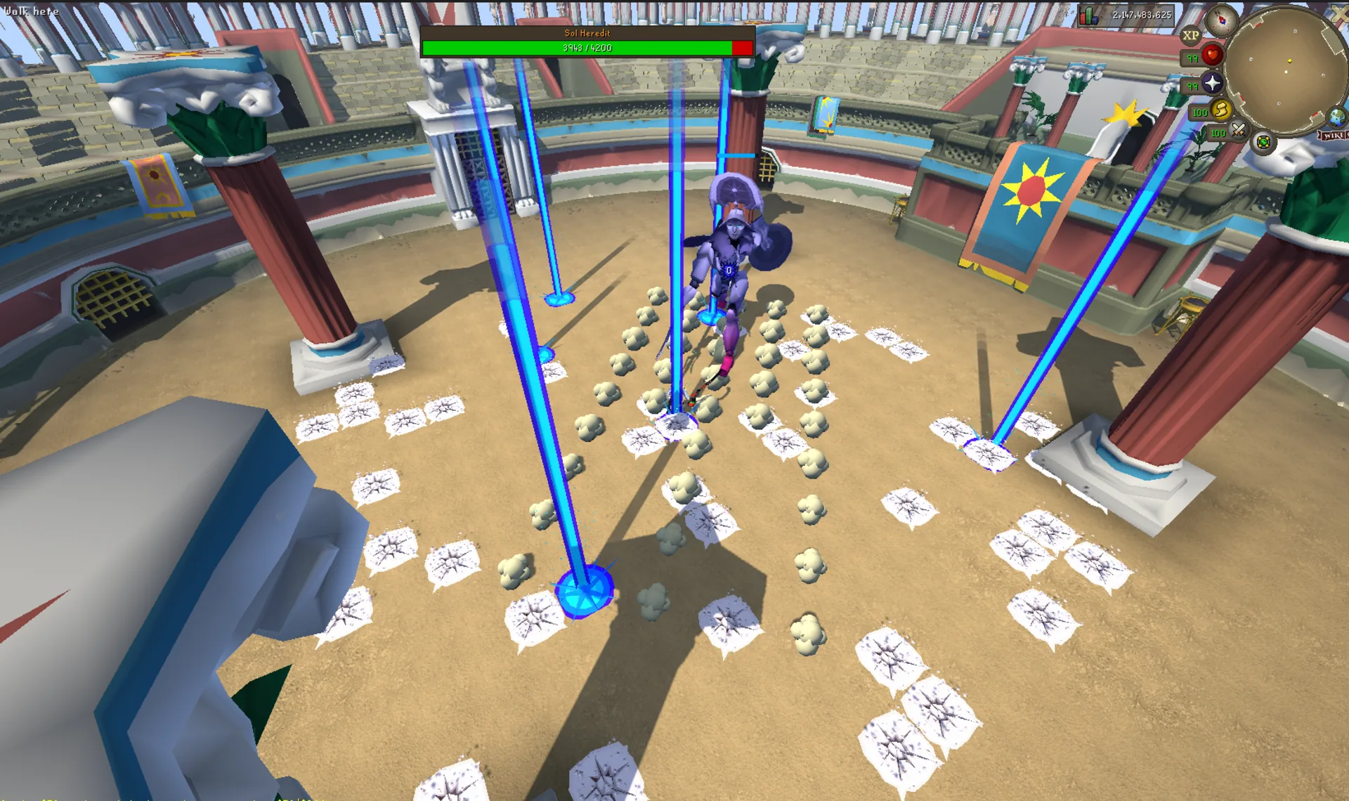 A Sarim player in combat with the Echo Sol Heredit inside the Fortis Colosseum arena