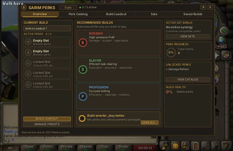 Sarim perk manager showing active perk slots, recommended builds, and set bonuses