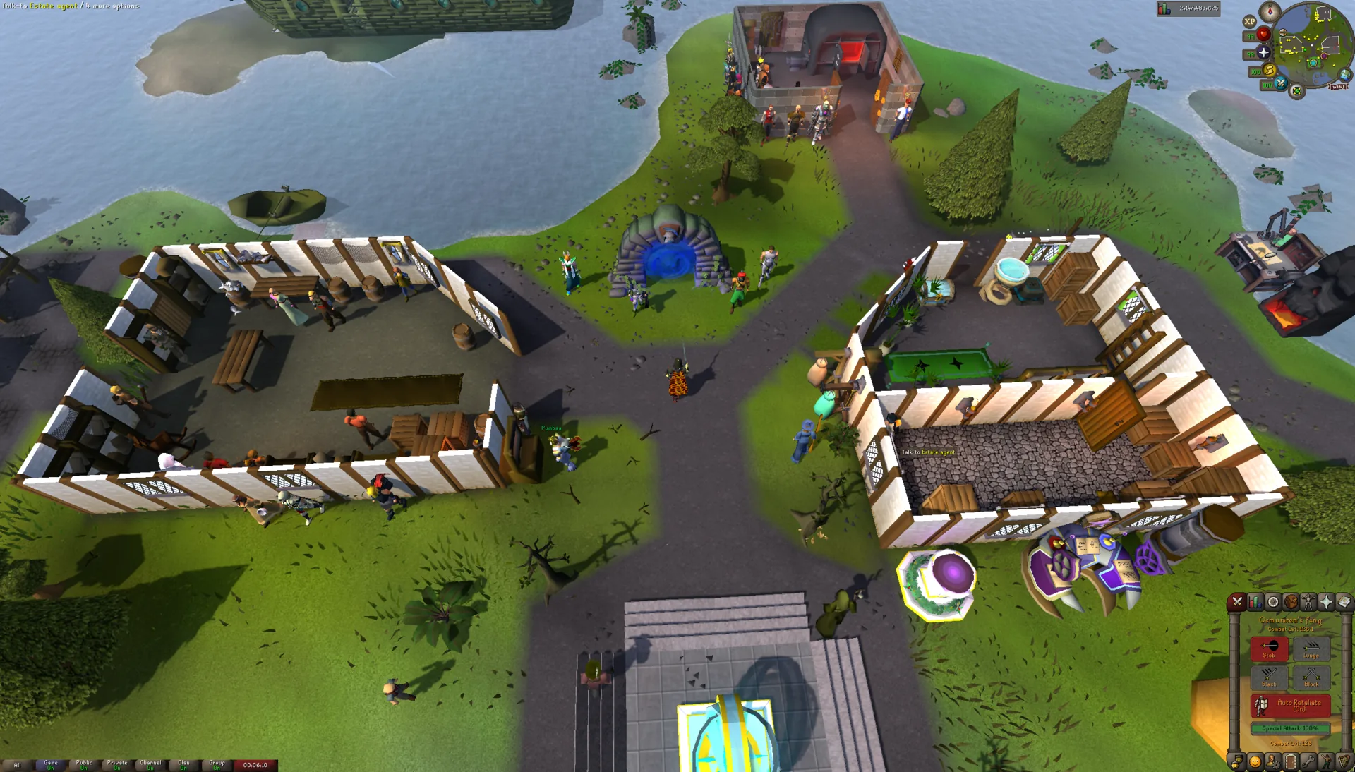 Sarim home, with the bank, teleport portal and shops around a central gathering area